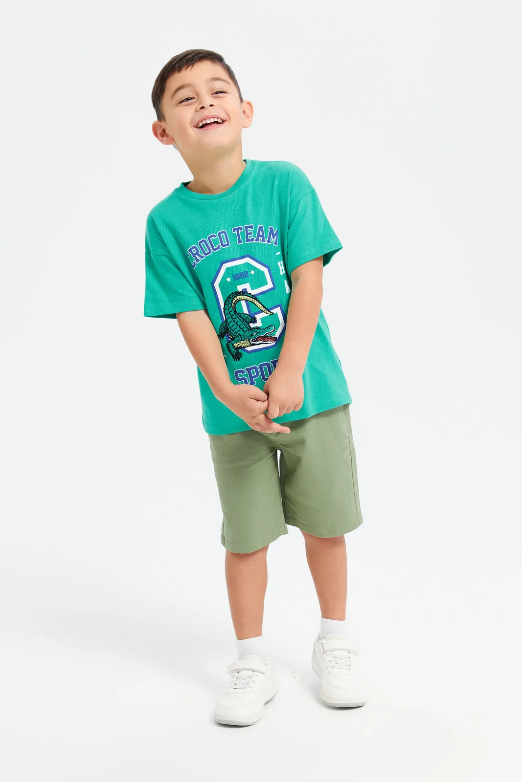 Boys Green Belted Shorts