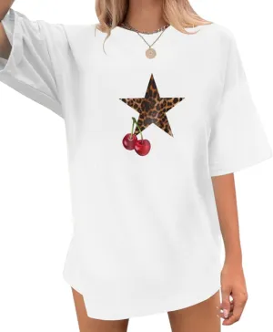 Cherry Leopard Print Shirt for Women Vintage Y2K Star Oversized Tshirt Cute Fruit Aesthetic Graphic Tees Tops