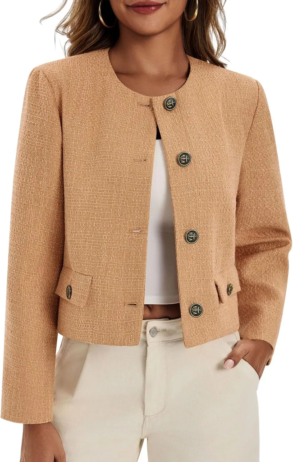 Cicy Bell Womens Cropped Tweed Blazer Collarless Button Down Bomber Jacket Business Casual Fall Outfits