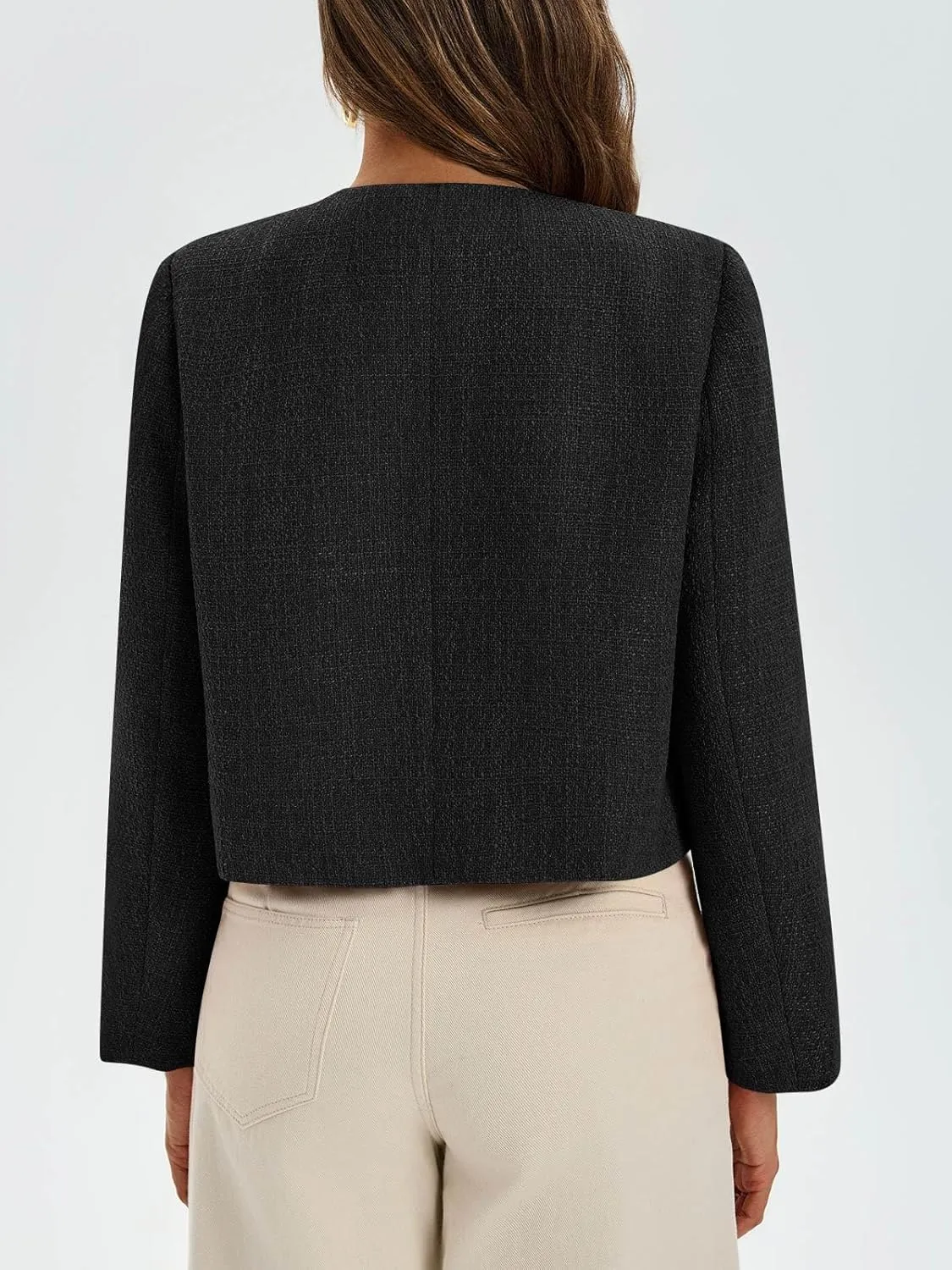 Cicy Bell Womens Cropped Tweed Blazer Collarless Button Down Bomber Jacket Business Casual Fall Outfits