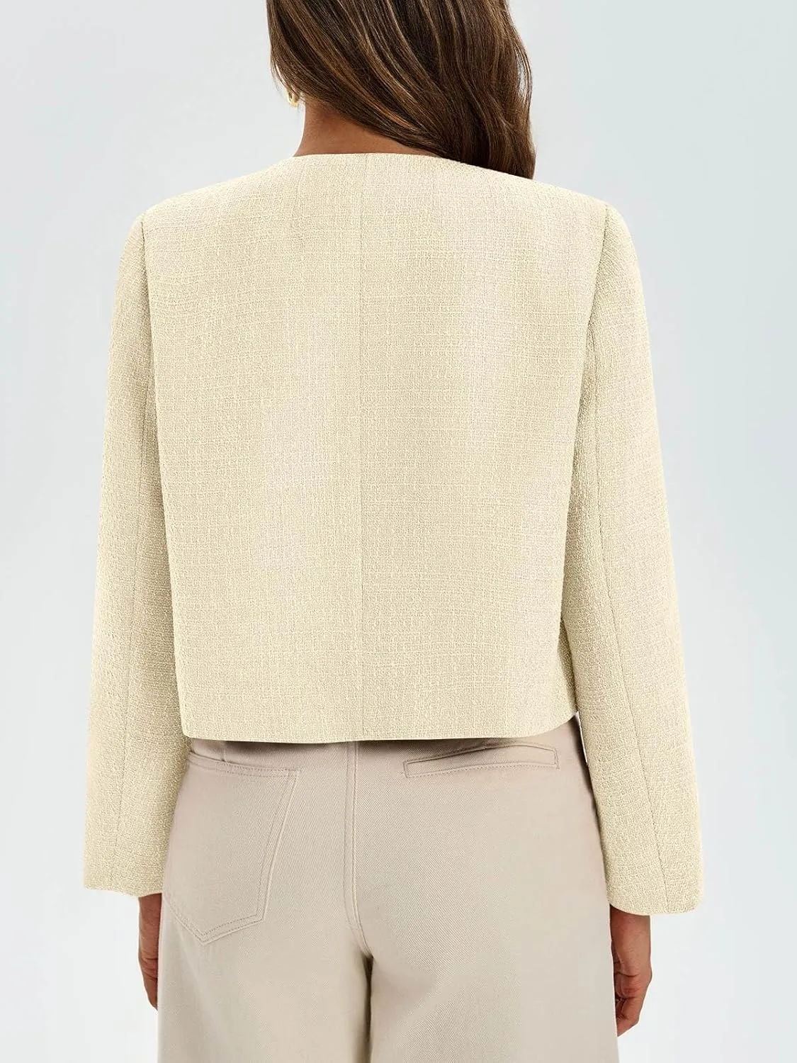 Cicy Bell Womens Cropped Tweed Blazer Collarless Button Down Bomber Jacket Business Casual Fall Outfits