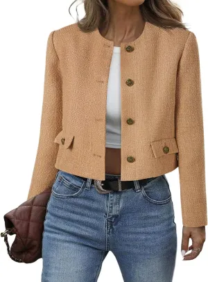 Cicy Bell Womens Cropped Tweed Blazer Collarless Button Down Bomber Jacket Business Casual Fall Outfits
