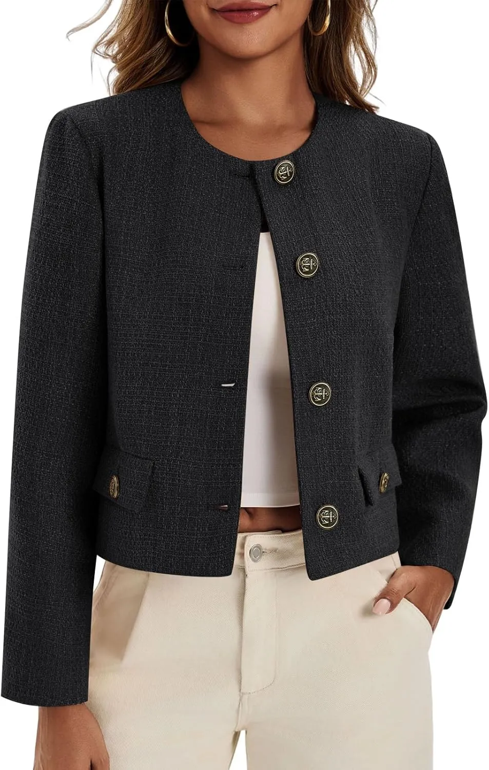 Cicy Bell Womens Cropped Tweed Blazer Collarless Button Down Bomber Jacket Business Casual Fall Outfits