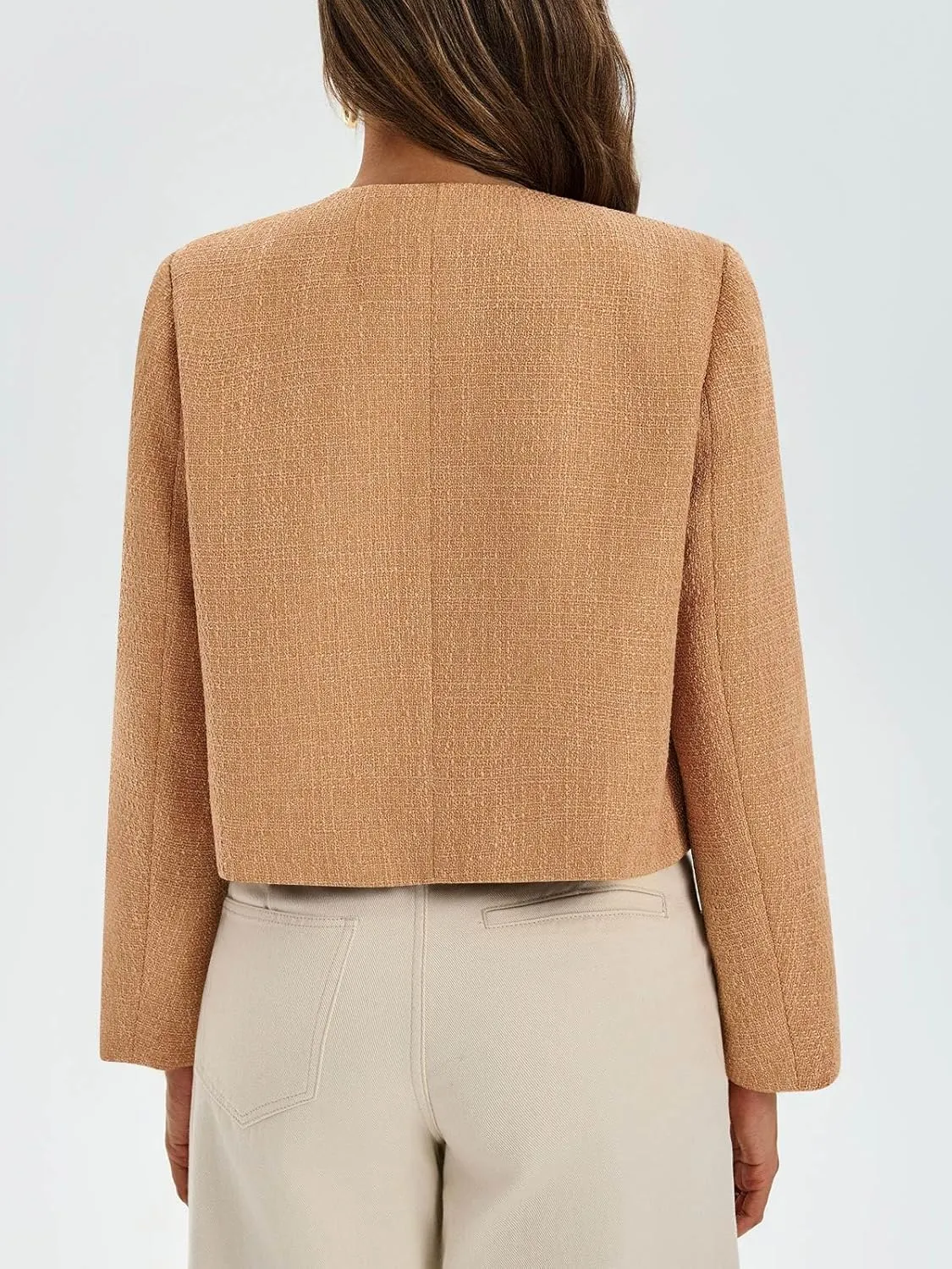 Cicy Bell Womens Cropped Tweed Blazer Collarless Button Down Bomber Jacket Business Casual Fall Outfits