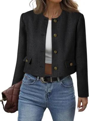 Cicy Bell Womens Cropped Tweed Blazer Collarless Button Down Bomber Jacket Business Casual Fall Outfits