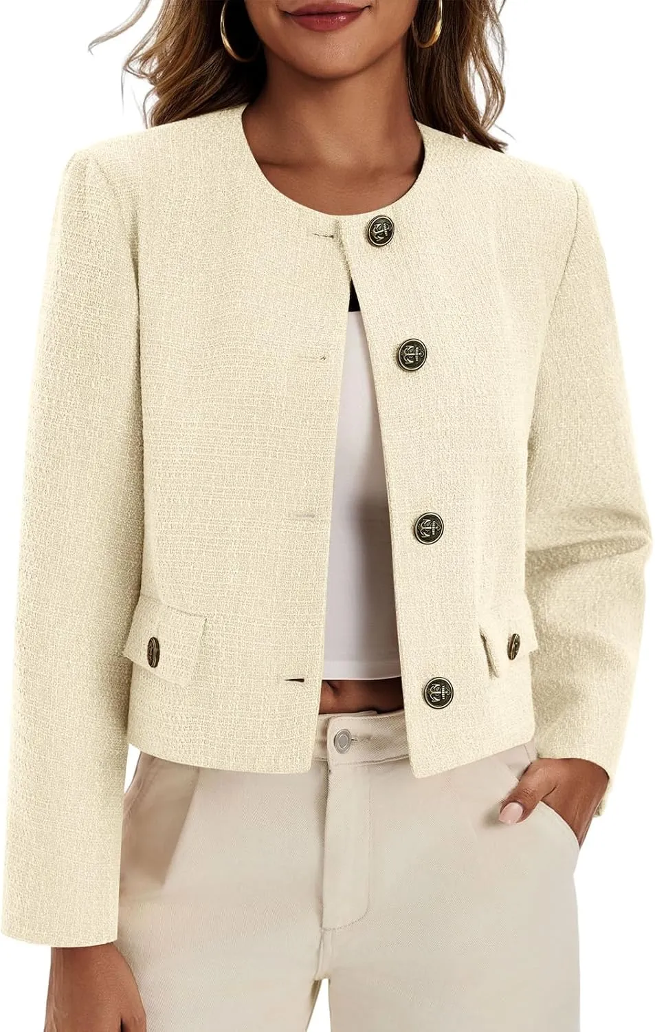 Cicy Bell Womens Cropped Tweed Blazer Collarless Button Down Bomber Jacket Business Casual Fall Outfits
