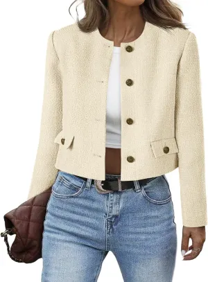 Cicy Bell Womens Cropped Tweed Blazer Collarless Button Down Bomber Jacket Business Casual Fall Outfits