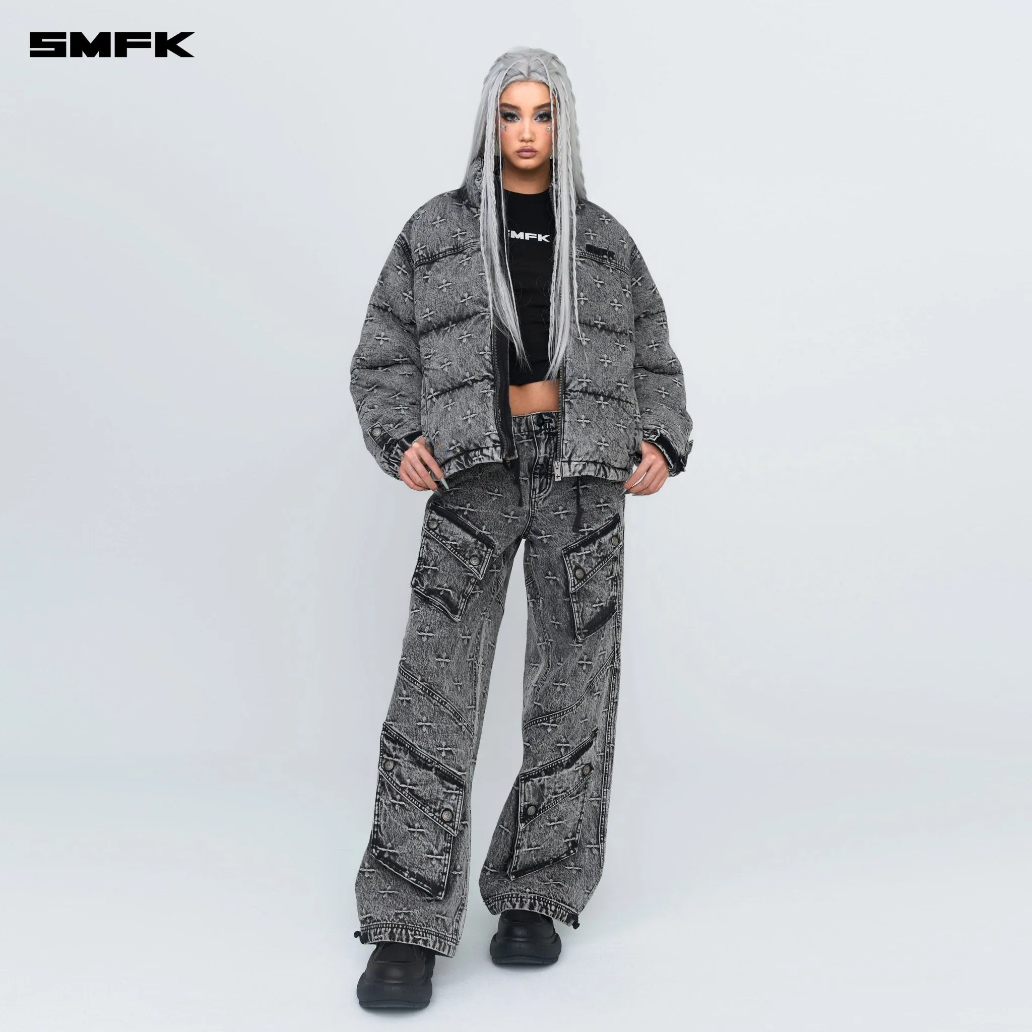 Compass Mustang Classic Denim Puffer Jacket In Gray