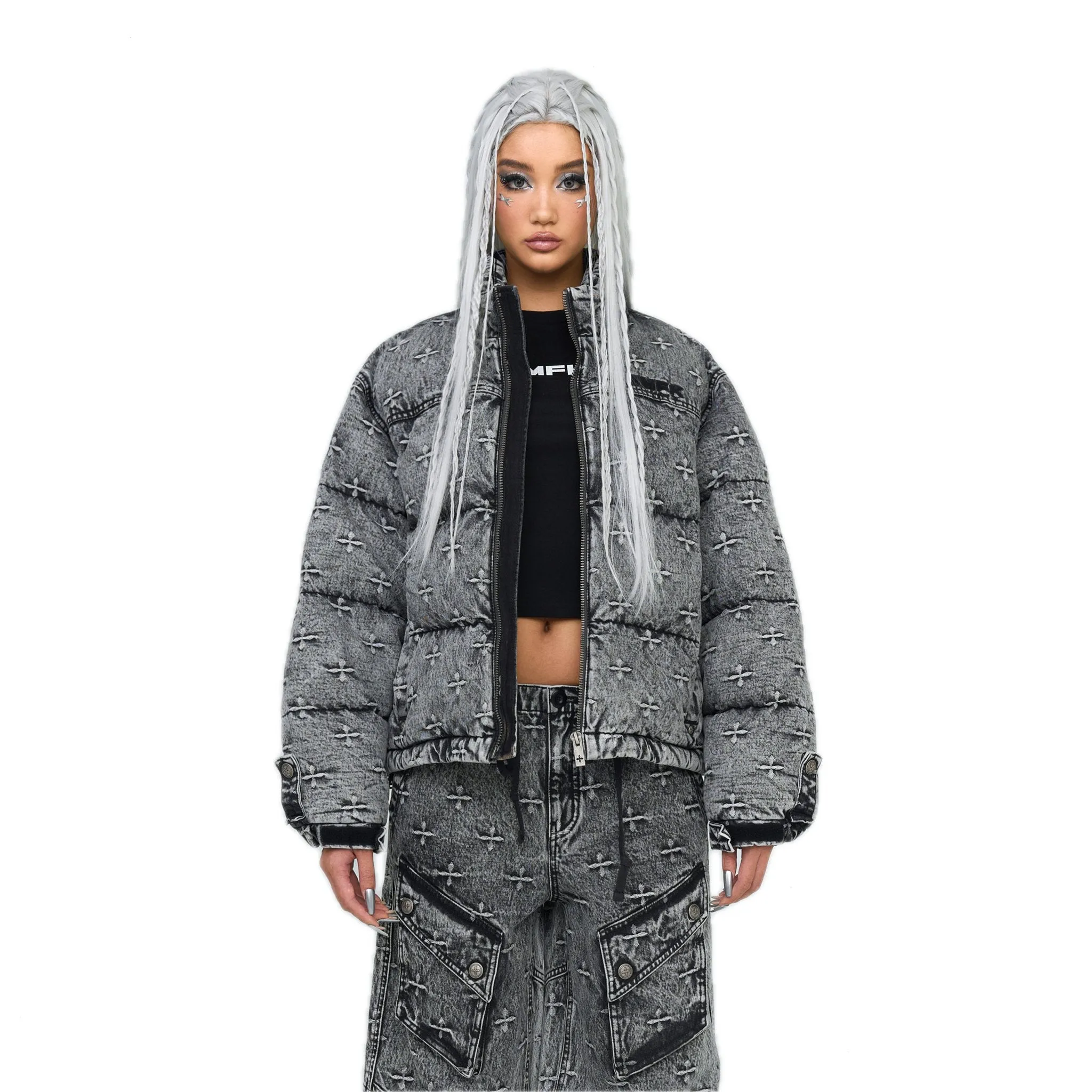 Compass Mustang Classic Denim Puffer Jacket In Gray