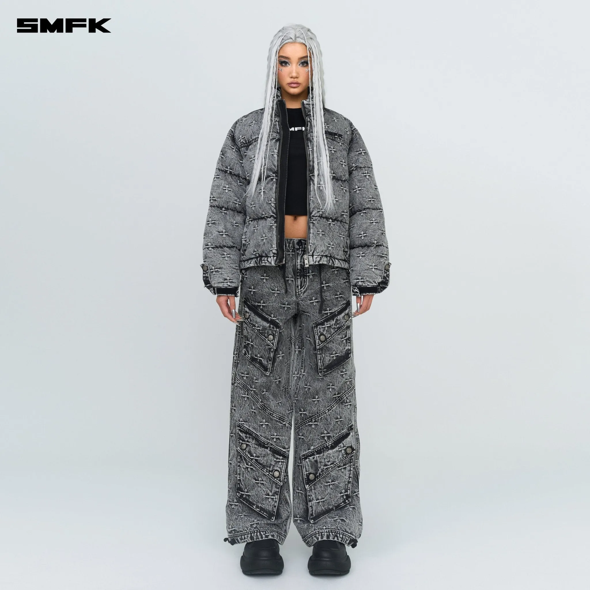 Compass Mustang Classic Denim Puffer Jacket In Gray