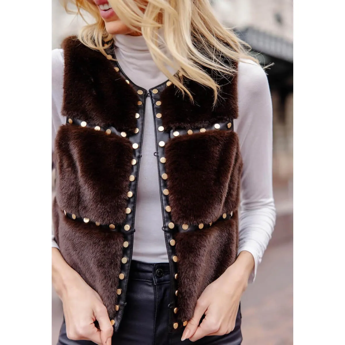 Espresso Faux Fur Giselle Studded Vest