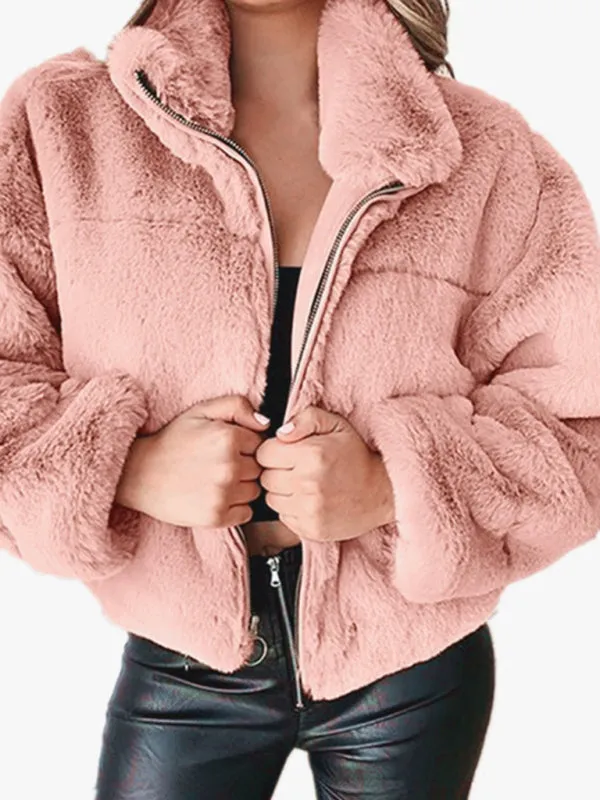 Faux Fur Stand Collar Zip Jacket