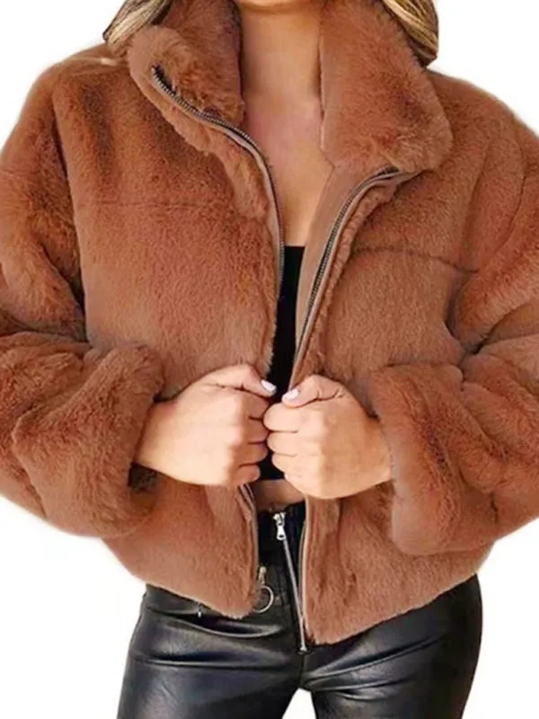 Faux Fur Stand Collar Zip Jacket