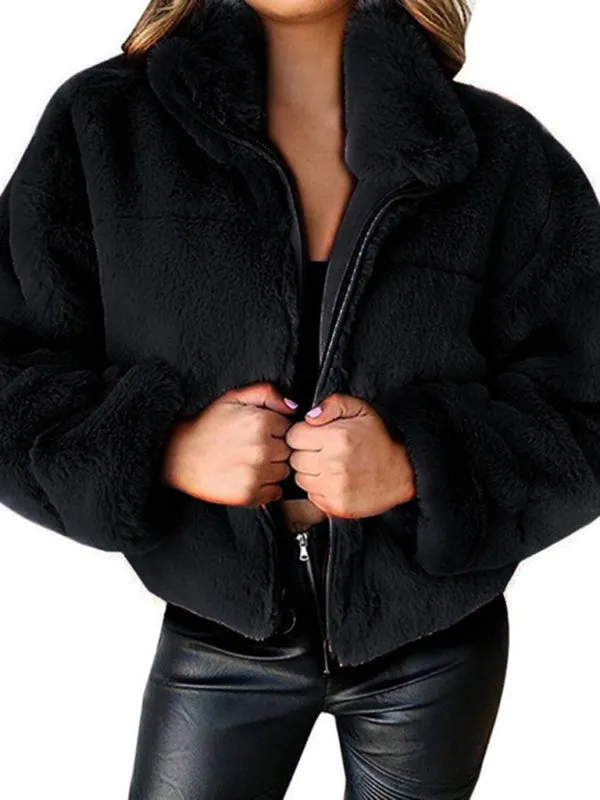 Faux Fur Stand Collar Zip Jacket