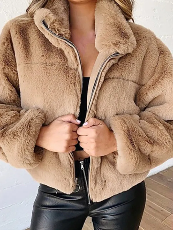 Faux Fur Stand Collar Zip Jacket