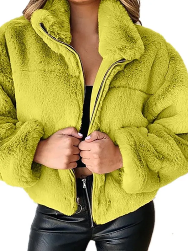 Faux Fur Stand Collar Zip Jacket