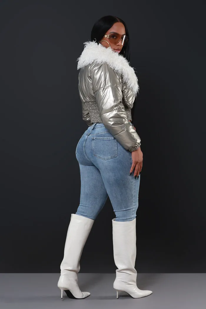 Final Touch Faux Fur Bomber Jacket - Silver