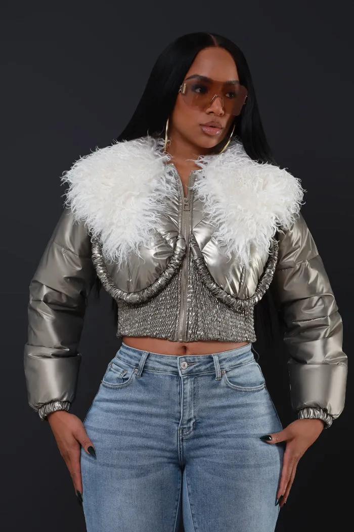 Final Touch Faux Fur Bomber Jacket - Silver