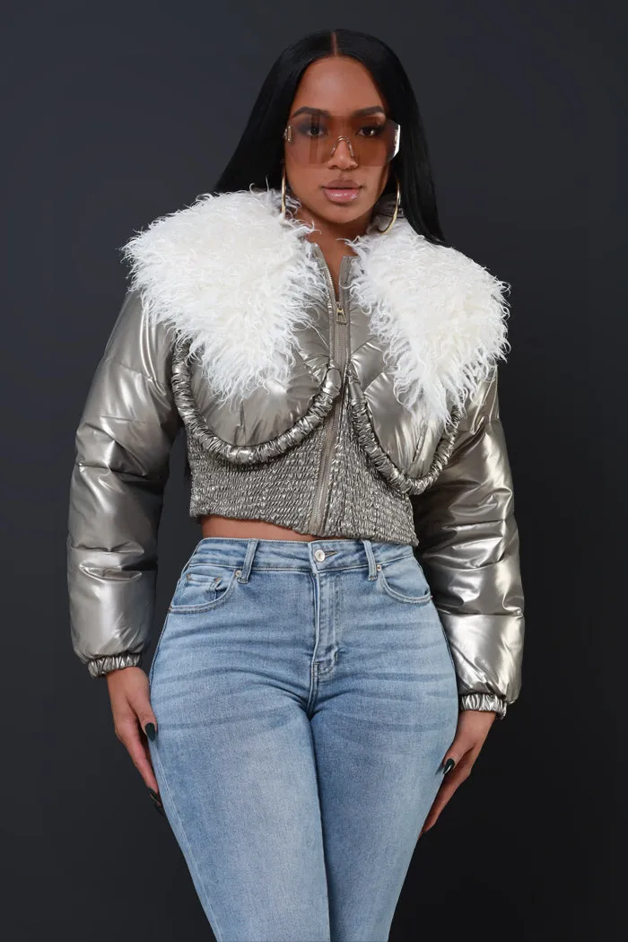 Final Touch Faux Fur Bomber Jacket - Silver