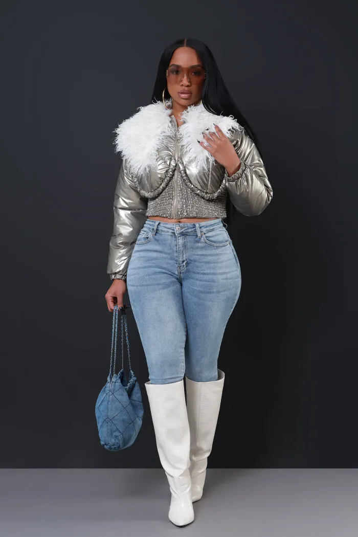 Final Touch Faux Fur Bomber Jacket - Silver