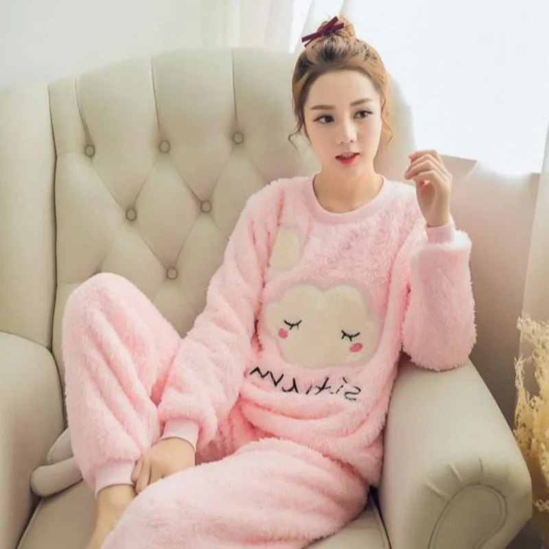 Flannel Cotton Blended Women Pajamas Warm Sleepwear