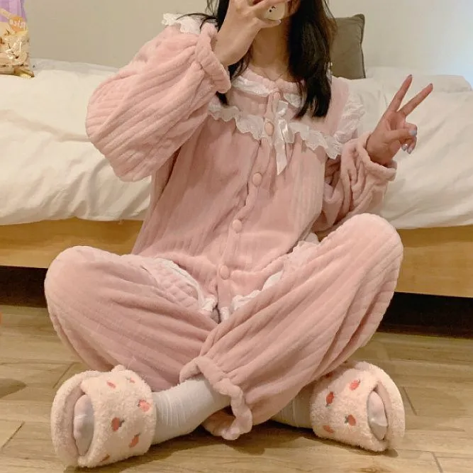 Flannel Warm Lace Home Pajamas Set