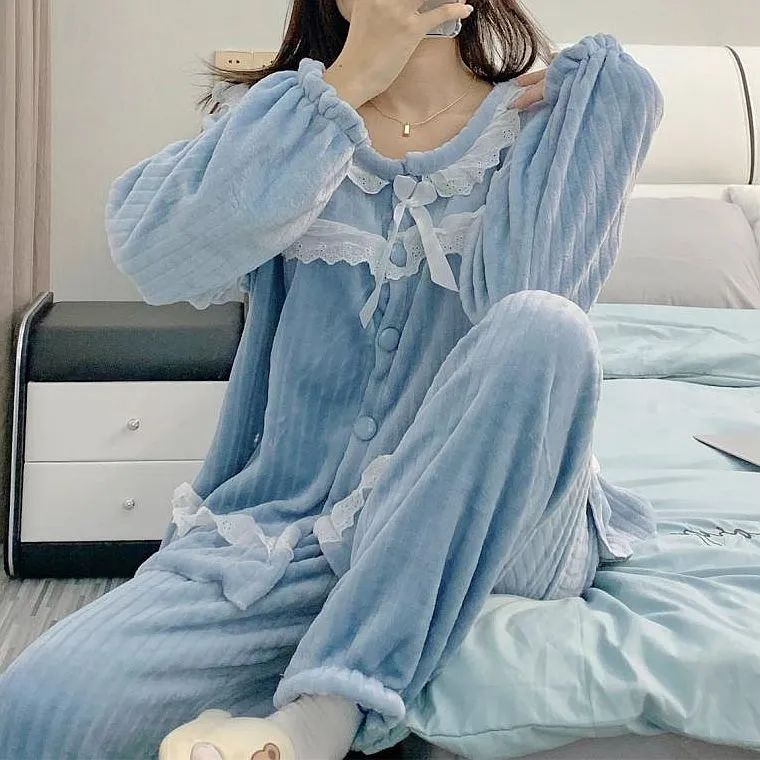 Flannel Warm Lace Home Pajamas Set