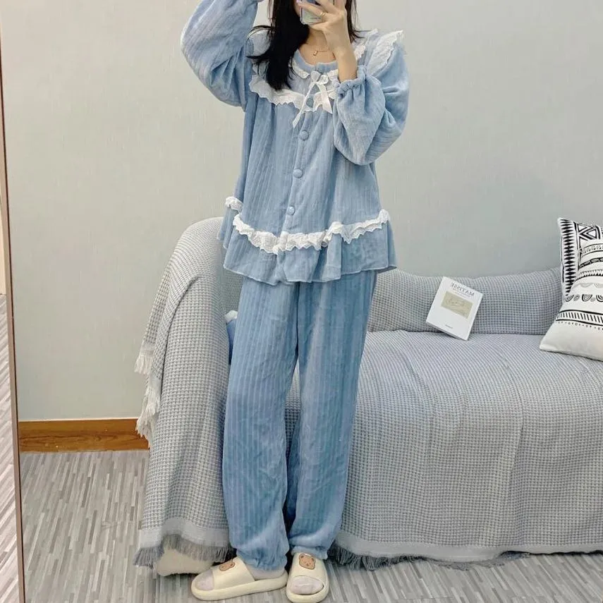 Flannel Warm Lace Home Pajamas Set