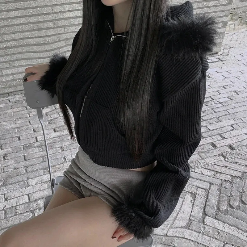 Grunge Goth Black Faux Fur Trim Jacket