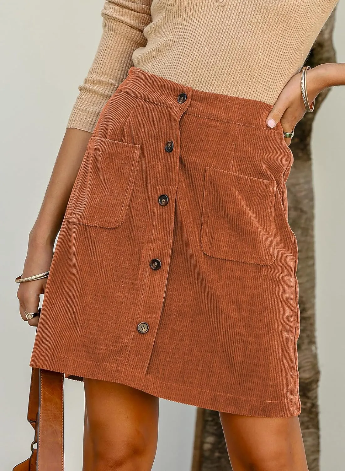 Happy Sailed Womens Corduroy Skirts Spring Winter High Waist Button Down A-line Short Mini Skirt with Pockets