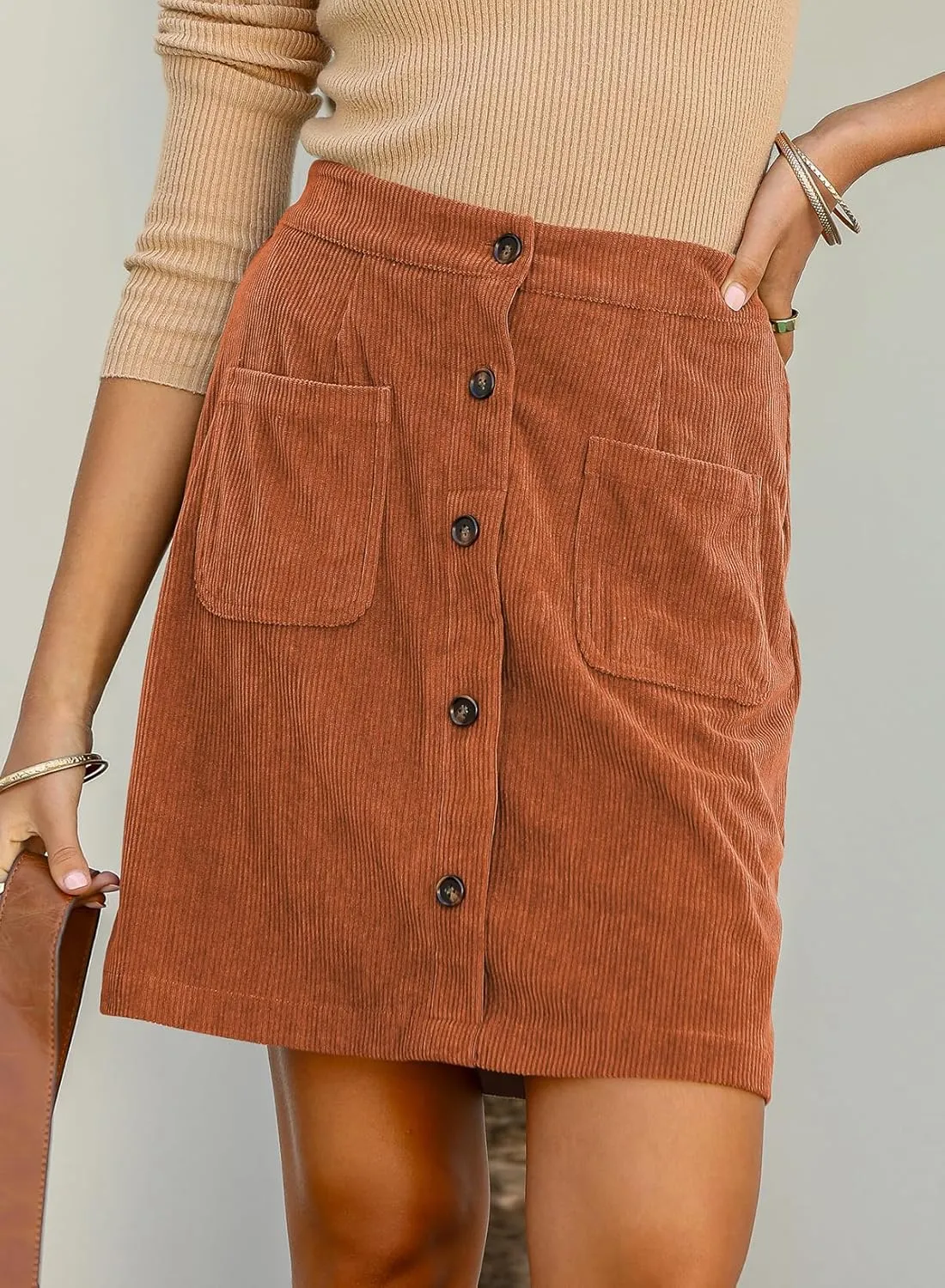Happy Sailed Womens Corduroy Skirts Spring Winter High Waist Button Down A-line Short Mini Skirt with Pockets