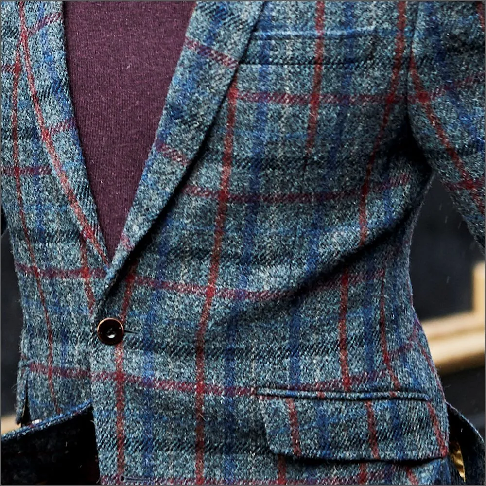Harris Tweed Blue with Wine Overcheck Jacket<>