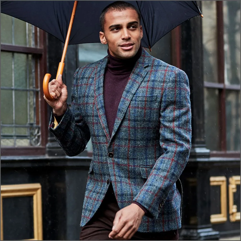 Harris Tweed Blue with Wine Overcheck Jacket<>