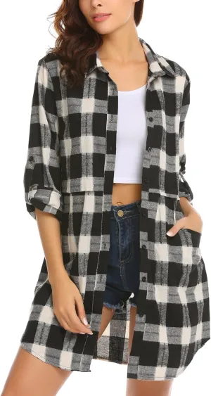 HOTOUCH Womens Flannel Plaid Shirts Roll Up Long Sleeve Mid-Long Casual Boyfriend Shirts with Pockets