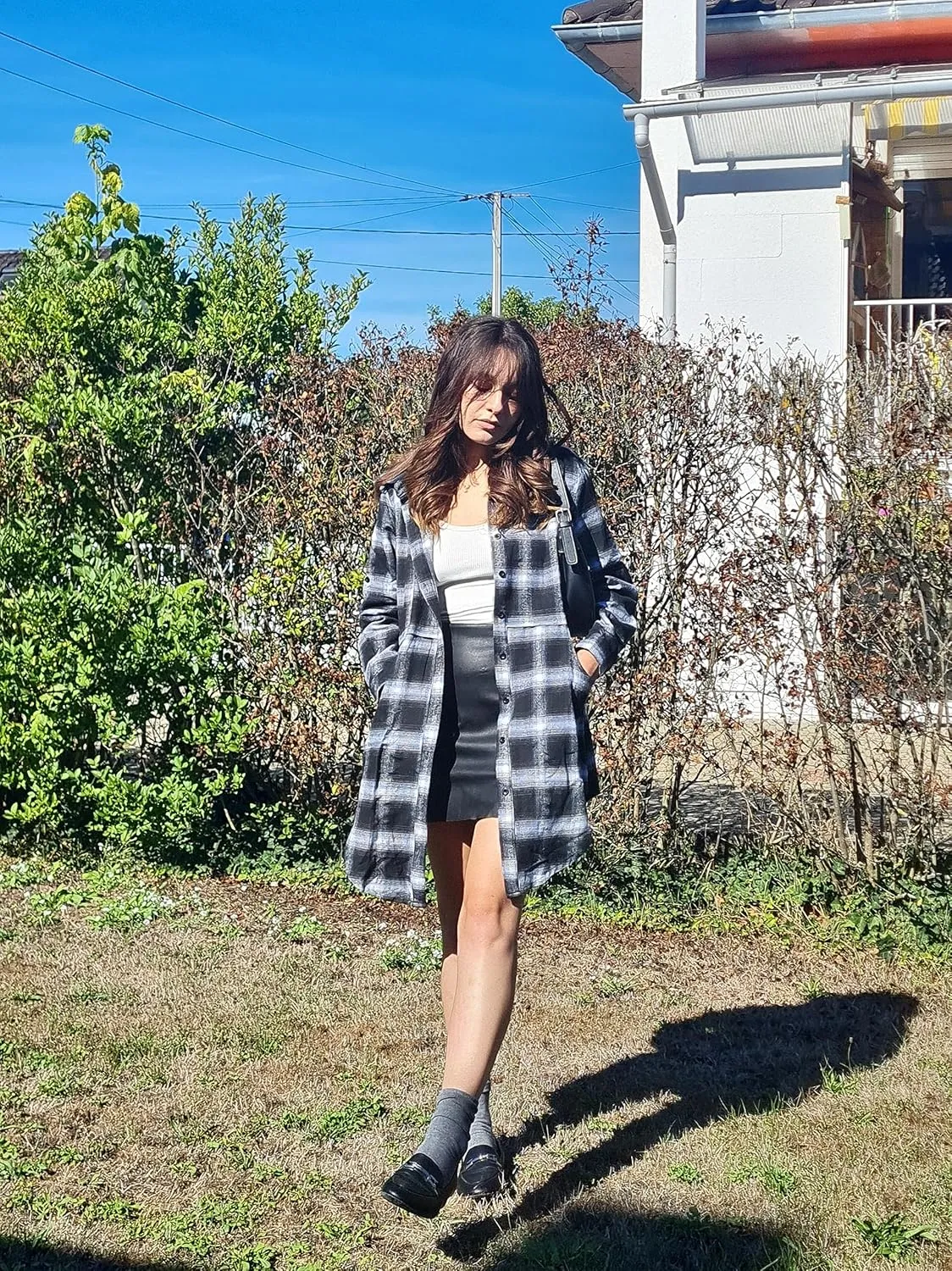 HOTOUCH Womens Flannel Plaid Shirts Roll Up Long Sleeve Mid-Long Casual Boyfriend Shirts with Pockets