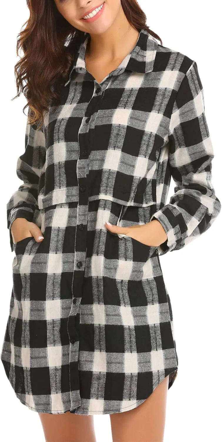 HOTOUCH Womens Flannel Plaid Shirts Roll Up Long Sleeve Mid-Long Casual Boyfriend Shirts with Pockets