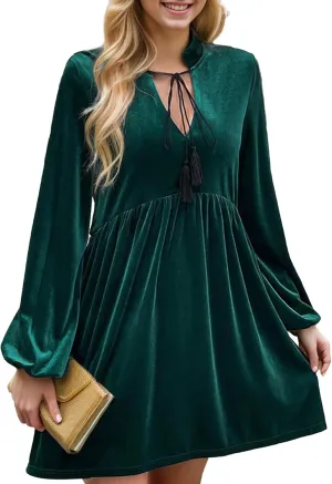 IFFEI Womens Long Sleeve Velvet Dress V-Neck Fall Winter Wedding Guest Mini Dresses for Women 2025