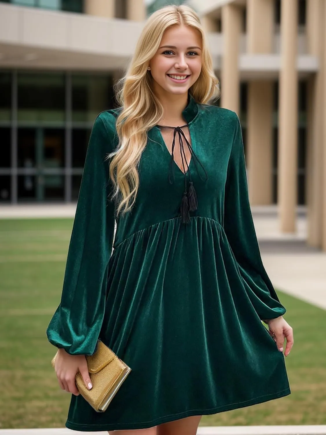 IFFEI Womens Long Sleeve Velvet Dress V-Neck Fall Winter Wedding Guest Mini Dresses for Women 2025