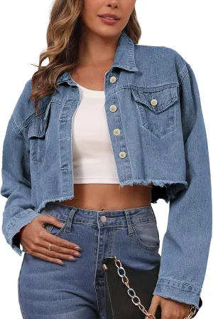 Jean Jacket for Women Cropped Denim Jackets Button Down Long Sleeve Fitted Crop Top Frayed Hem Jean Coat