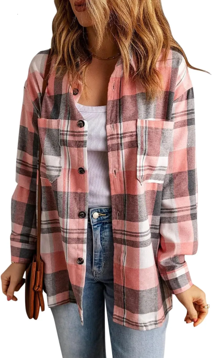 KINLONSAIR Womens Casual Flannel Plaid Shirts Oversized Lightweight Fall Shirt Coat Long Sleeve Button Down Blouse Tops