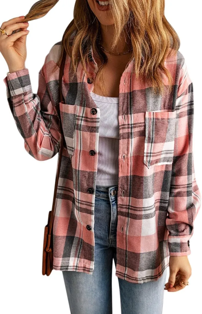 KINLONSAIR Womens Casual Flannel Plaid Shirts Oversized Lightweight Fall Shirt Coat Long Sleeve Button Down Blouse Tops