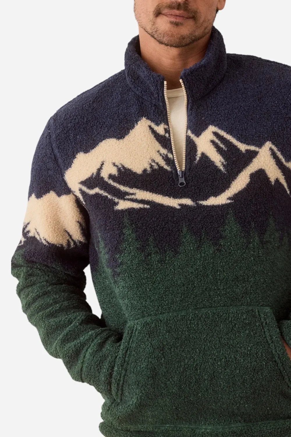 Marine Layer Archive Andes Sherpa Pullover in Navy Mountain Scene