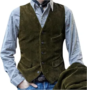 Mens Corduroy Suit Vest Slim Fit V Neck Button Down Vintage Waistcoat Western Cowboy Sleeveless Jackets Party Wedding
