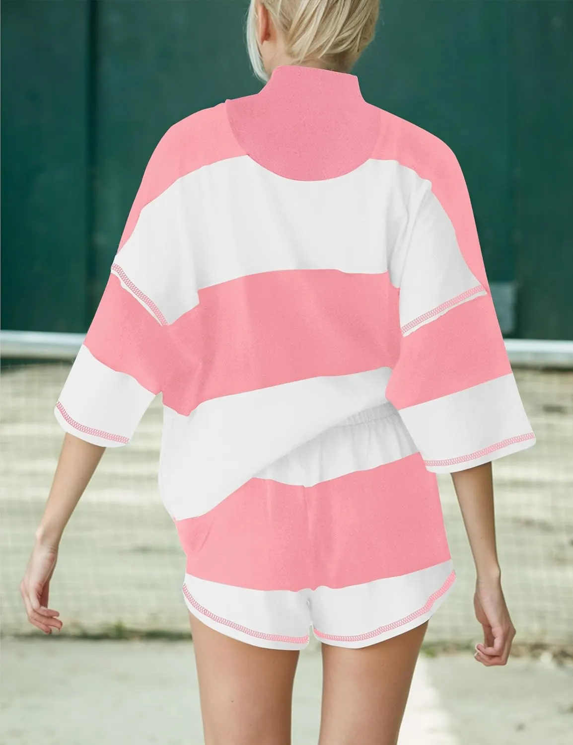 MISSACTIVER Womens 2 Piece Lounge Set Stripe Half Sleeve Oversized Shirts Shorts Summer Two Piece Workout Sets