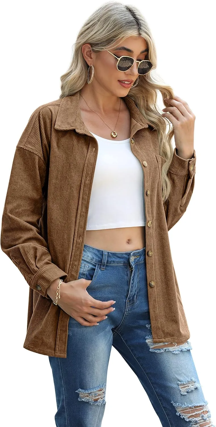 QIXING Womens Corduroy Button Down Shirt Casual Oversized Long Sleeve Blouses Tops