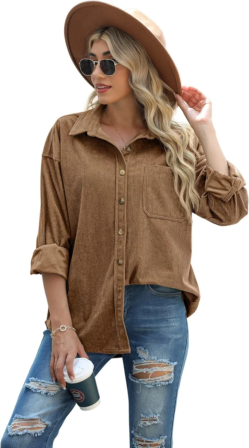 QIXING Womens Corduroy Button Down Shirt Casual Oversized Long Sleeve Blouses Tops