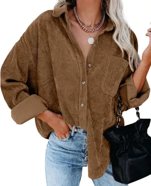 QIXING Womens Corduroy Button Down Shirt Casual Oversized Long Sleeve Blouses Tops