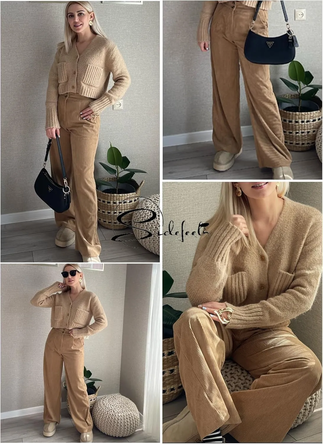 Sidefeel Corduroy Pants for Women 2025 Casual High Waisted Double Buttoned Stretchy Loose Fit Wide Leg Pants with Pockets