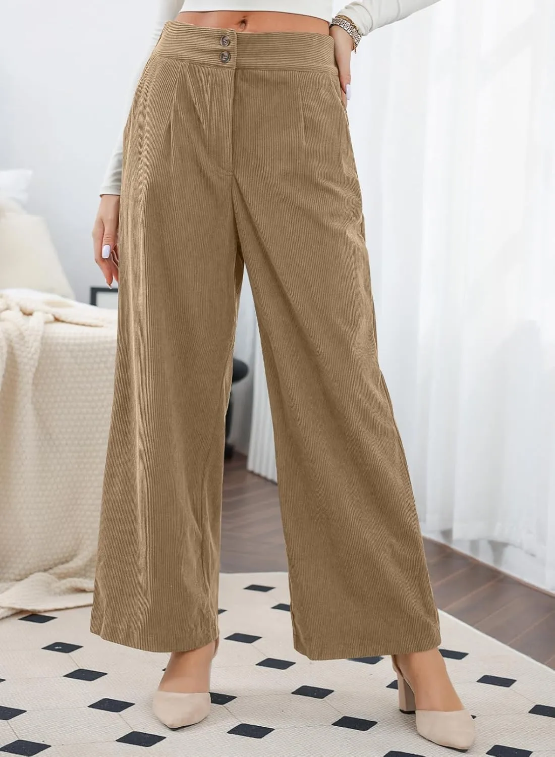 Sidefeel Corduroy Pants for Women 2025 Casual High Waisted Double Buttoned Stretchy Loose Fit Wide Leg Pants with Pockets