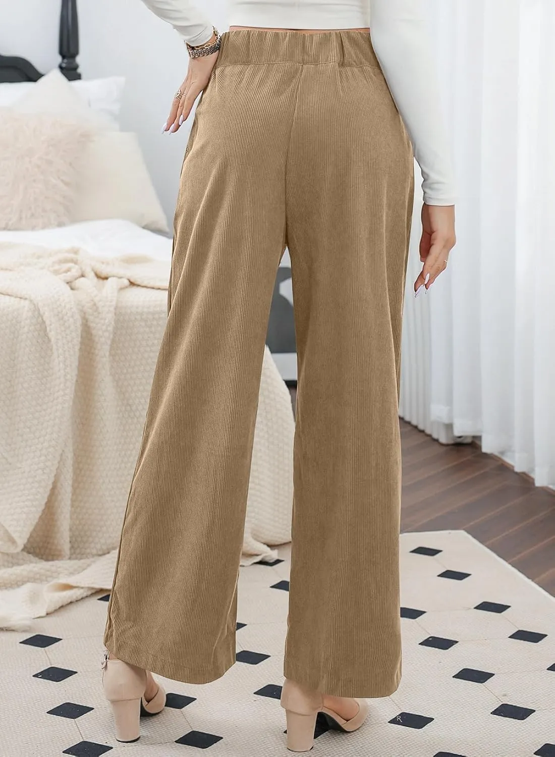 Sidefeel Corduroy Pants for Women 2025 Casual High Waisted Double Buttoned Stretchy Loose Fit Wide Leg Pants with Pockets